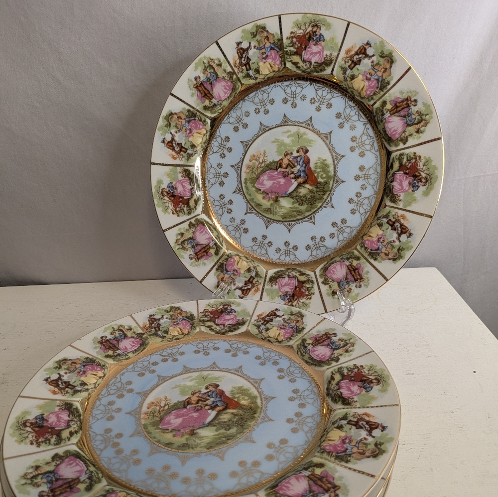 Vintage Porcelain Romantic Dinner Plates Fragonard Set Of 4 Gilded Made In Japan
